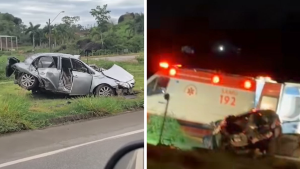 Duas pessoas ficam feridas e carro fica destruído após capotar em Aracruz