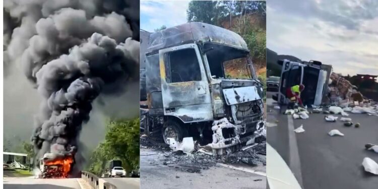 Acidente com três carretas deixa ferido, causa incêndio e interdições na BR-101 em Ibiraçu