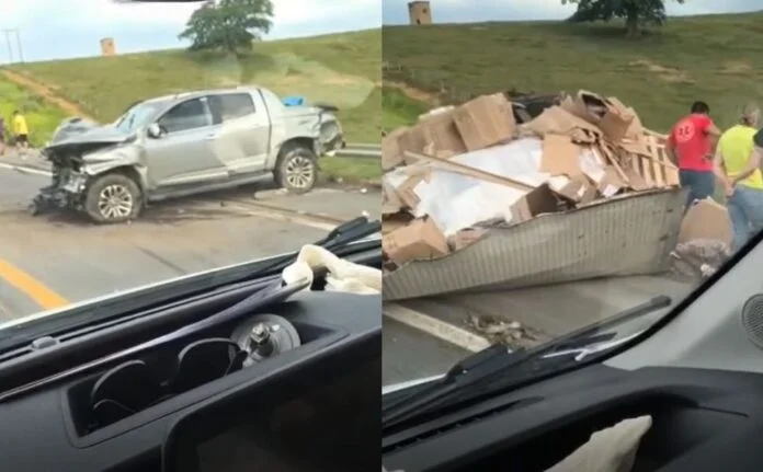Carreta cai em ribanceira após colidir com caminhonete em Guaraná
