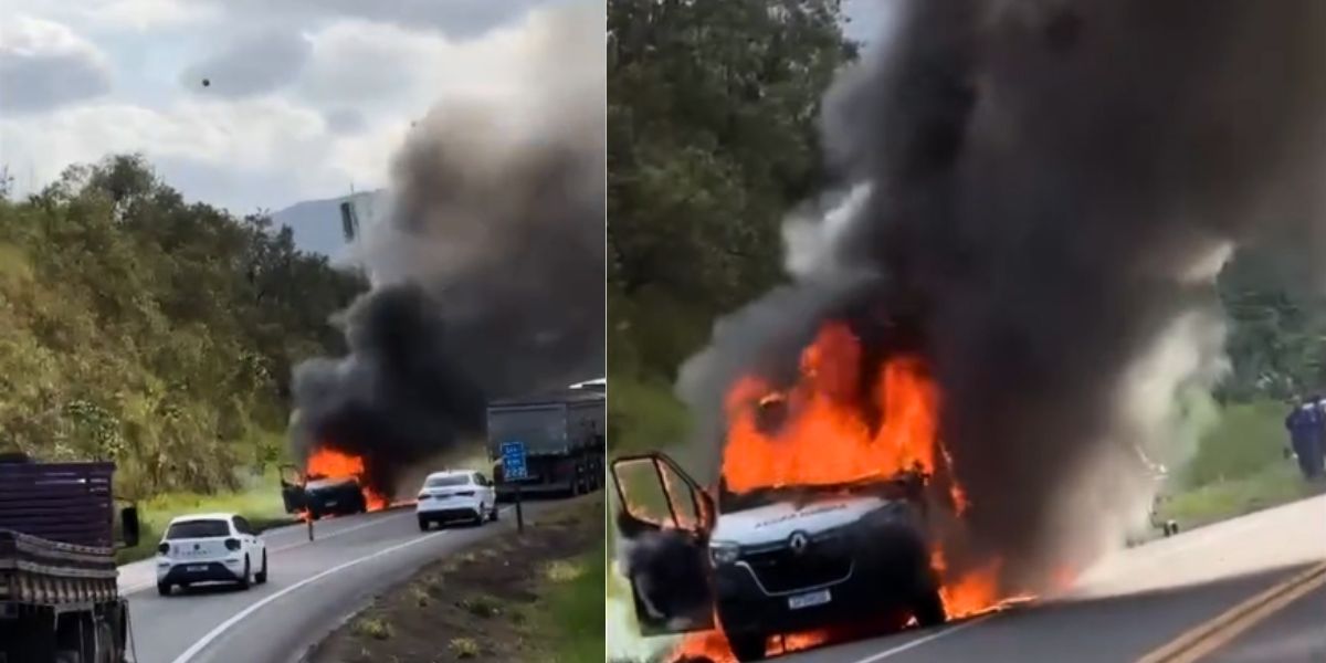 Ambulância é consumida pelo fogo na BR 101, em Ibiraçu, mas ocupantes saem ilesos