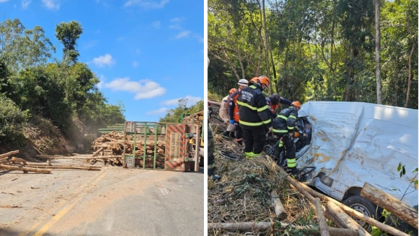 Carreta com eucalipto tomba, atinge van e mata motorista em rodovia de Aracruz